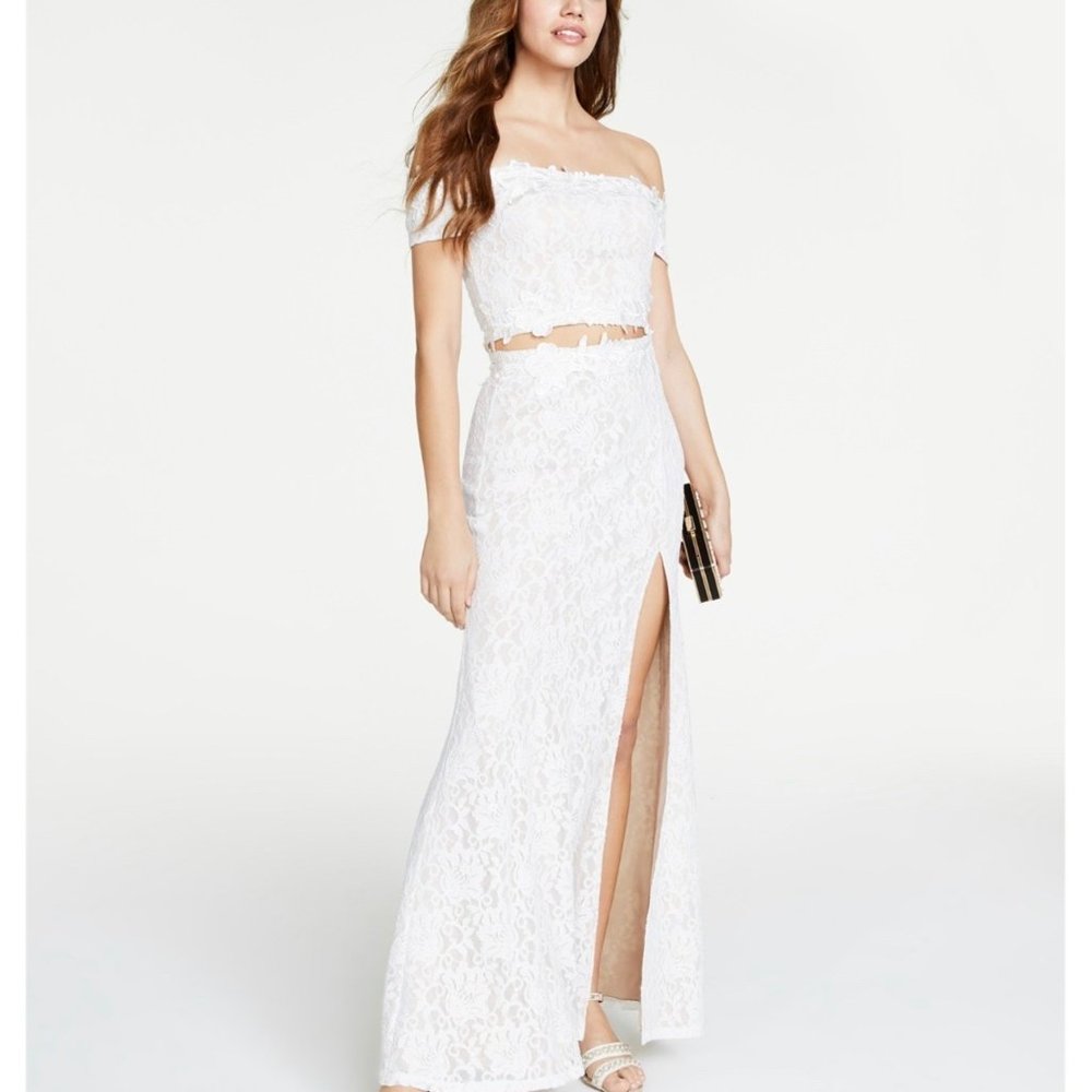 Sequin Hearts SZ XS Off White Two Piece Glitter Lace Gown Dress Lined Embroidery